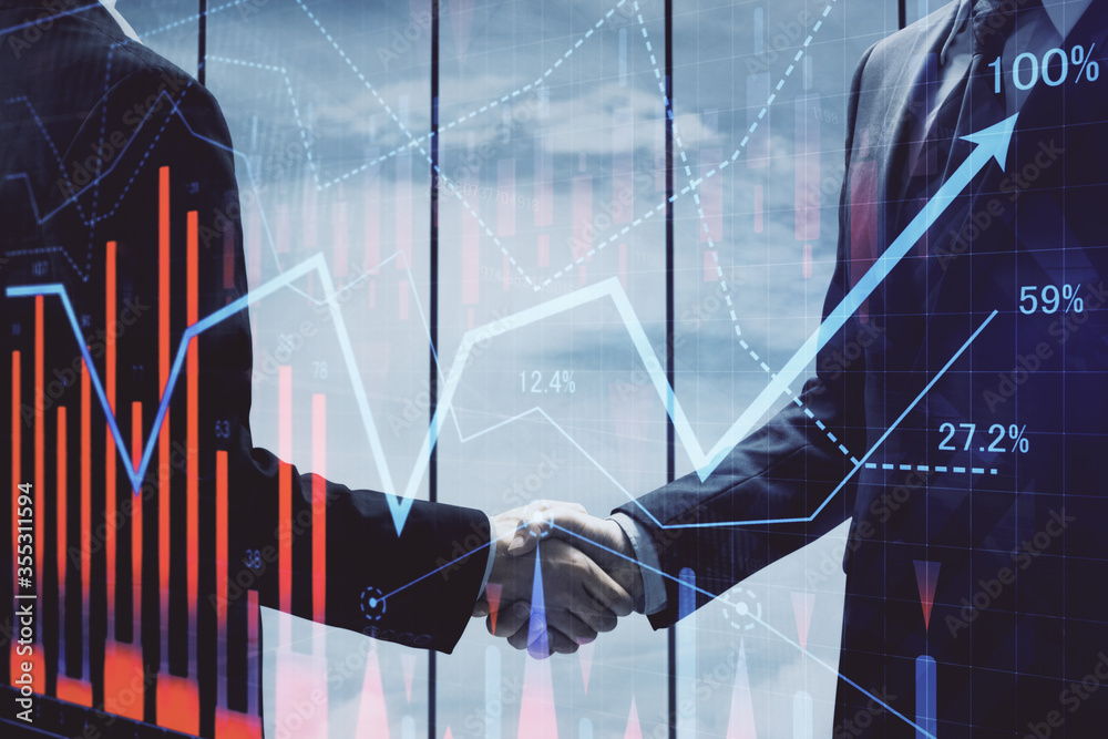 Poster double exposure of forex graph hologram and handshake of two men. stock market concept.