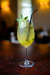 Making cocktails at home like an expert nightclub barman. Fresh and juicy colorful homemade cocktails garnished with lemon, orange, mint and coffee on interior background.