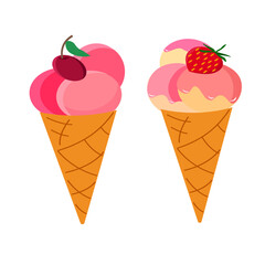 Set with strawberry and cherry ice cream.Vector illustration on a white background. Summer drawing in flat style.