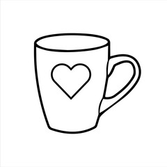 Vector line hand drawn illustration of a cup with heart shape. Doodle style mug isolated on white background. Kitchen supplies and utensils for home. EPS 10 format