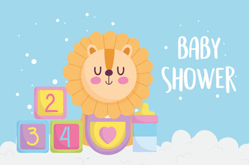 baby shower, tiger with milk bottle and cubes cartoon, announce newborn welcome card