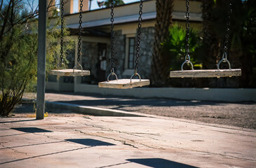 Old wooden swings at abandoned building