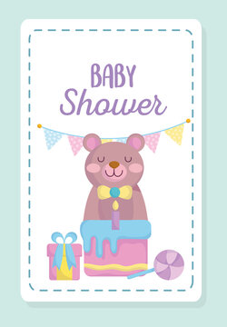 baby shower, cute bear with cake gift and candy cartoon, announce newborn welcome card
