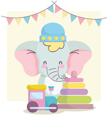 baby shower, cute elephant with hat train and pyramid toys cartoon, announce newborn welcome card