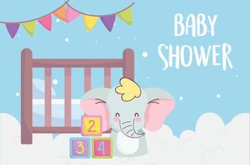 baby shower, cute elephant crib blocks clouds decoration, announce newborn welcome card