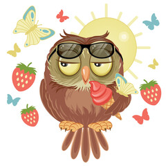 Cute Cartoon Owl with Ice Cream in Summer. Vector Illustration on isolated on white background. Best for greeting card, posters, web.
