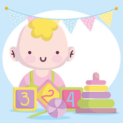 baby shower, little boy with blocks candy and pyramid cartoon, announce newborn welcome card