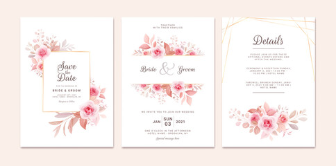 Fototapeta na wymiar Wedding invitation template set with romantic floral frame and gold line. Roses and sakura flowers composition vector for save the date, greeting, thank you, rsvp card vector