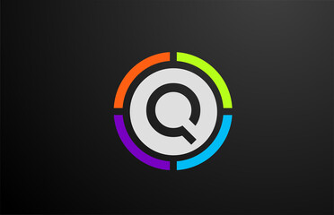 colored Q alphabet letter logo icon design for company and business with circle