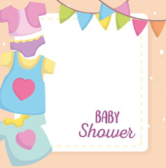baby shower, little clothes fashion cartoon, little announce newborn welcome card
