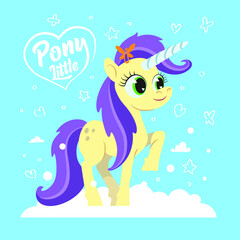 Little unicorn pony cartoon. Yellow baby girl pony with purple mane hair standing on white cloud against blue background