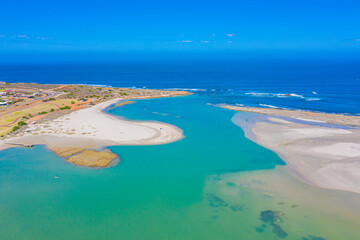 Aerial view of confluence of Murchison river with Indian ocean at Kalbarri, Australia