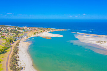 Aerial view of confluence of Murchison river with Indian ocean at Kalbarri, Australia