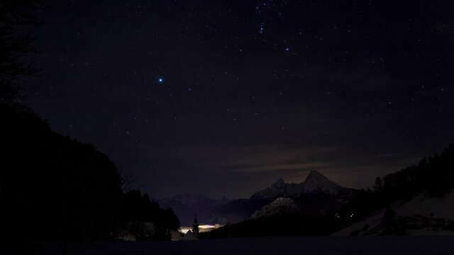 night sky full of stars, sirius and orion over the church of Maria Gern, Berchtesgaden, Bavaria, Germany