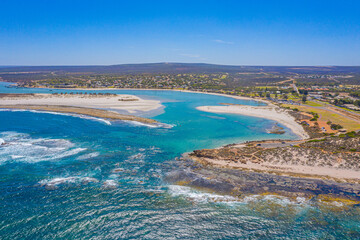 Aerial view of confluence of Murchison river with Indian ocean at Kalbarri, Australia
