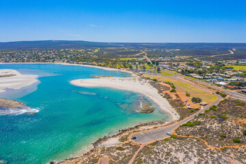 Aerial view of confluence of Murchison river with Indian ocean at Kalbarri, Australia