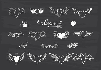 Love Vector Set. Beautiful Doodle Heart tattoo. Hearts with Wings for Valentines Day or Wedding greeting cards. Chalk Board background. Hand drawn illustration
