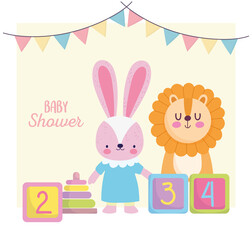baby shower, cute lion bunny with blocks toys, announce newborn welcome card