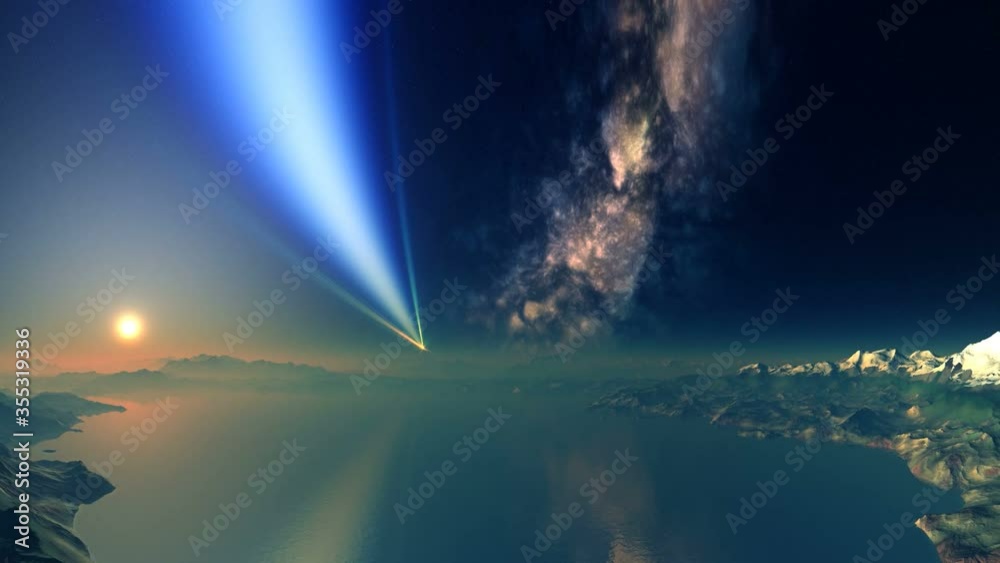 Wall mural mysterious rays on an alien planet. above the foggy horizon a mysterious object emits bright rays. a