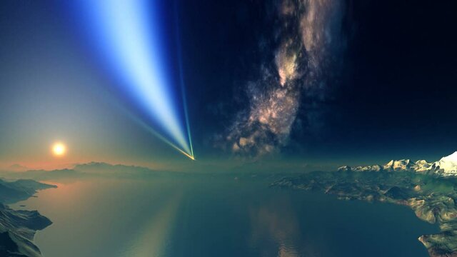 Mysterious Rays on an Alien Planet. Above the foggy horizon a mysterious object emits bright rays. A huge nebula in the sky. The orange sun sets quickly. Mountains and lakes are covered with dense fog