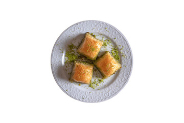 Pistachio baklava.  Traditional Dessert Baklava with pistachio. top view white background isolated