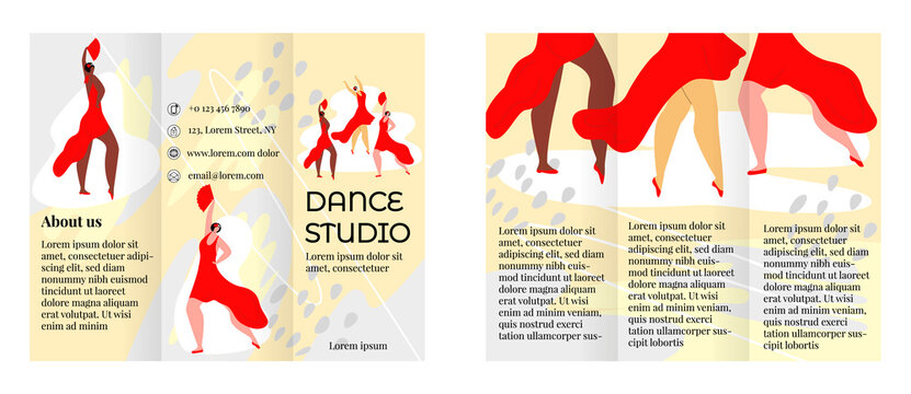 Vector flat layout, brochure template, folded in three, double sided. It shows three women dancing tango in red dress, with fans. Concept dance studios, schools, clubs, performances, events.