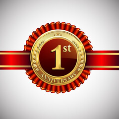 Celebrating 1st anniversary logo, with golden badge and red ribbon isolated on white background.