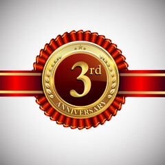 Celebrating 3rd anniversary logo, with golden badge and red ribbon isolated on white background.
