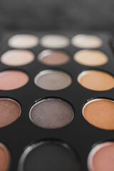 cosmetics and beauty, close-up of eyeshadow palette with neutral nude tones and shallow depth of field