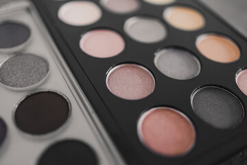 cosmetics and beauty, close-up of two similar eyeshadow palettes with neutral nude tones next to each other metaphor of competition