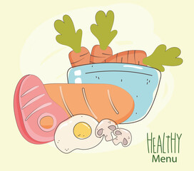 meat bread egg and bowl with carrots, fresh market organic healthy food with fruits and vegetables