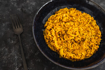 plant-based food, vegan fried brown rice with turmeric lentils and onions
