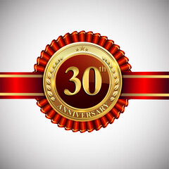 Celebrating 30th anniversary logo, with golden badge and red ribbon isolated on white background.