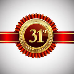 Celebrating 31st anniversary logo, with golden badge and red ribbon isolated on white background.