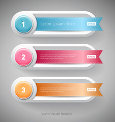 modern infographic template, banners with glossy plastic buttons and silky ribbons