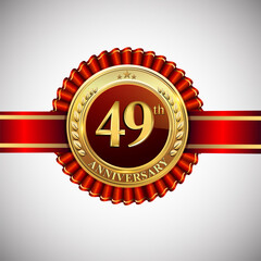Celebrating 49th anniversary logo, with golden badge and red ribbon isolated on white background.