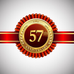 Celebrating 57th anniversary logo, with golden badge and red ribbon isolated on white background.