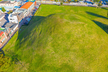 Aerial view of burial tombs in center of Gyeongju, Republic of Korea
