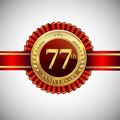 Celebrating 77th anniversary logo, with golden badge and red ribbon isolated on white background.
