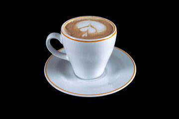 Latte art, Hot coffee in a beautiful cup. On black background. Close up of hot latte coffee in the cafe, photo banner for website header design with copy space for tex. Hearts of cappuccino art