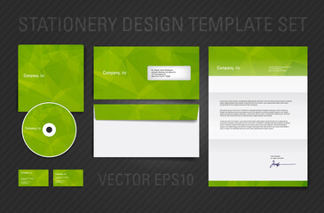 Vector corporate identity template set with green low poly geometric background