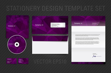 Vector corporate identity template set with bright purple low poly geometric background