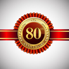 Celebrating 80th anniversary logo, with golden badge and red ribbon isolated on white background.