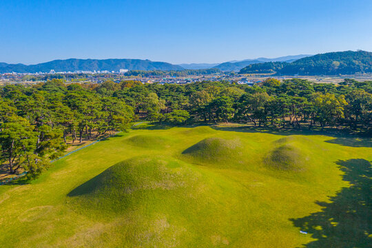 Aerial view of Oreung royal tombs at Gyeongju, Republic of Korea