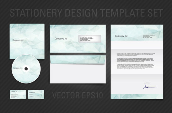 Vector corporate identity template set with light blue low poly geometric background