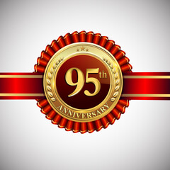 Celebrating 95th anniversary logo, with golden badge and red ribbon isolated on white background.