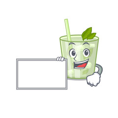 Cartoon character design of mojito lemon cocktail holding a board