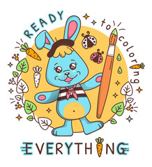 Cute kawaii cartoon Bunny Rabbit with paint brush. T-Shirt design. Beautiful kawaii bitmap illustration for t-shirt, greeting card/ poster/ sticker.