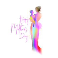 Happy mother's day. Happy mom with her child silhouette plus abstract watercolor painted. Double exposure illustration. Vector illustration.