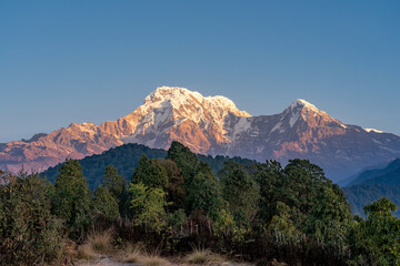 Redish tone display at Annapurna South and Hiunchuli seen from View Camp of Mardi Trek, Kaski District, Western NEPAL (Left and Right)